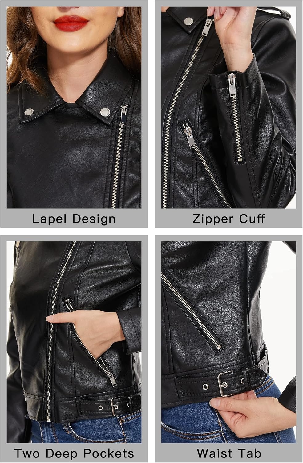 image:imageWomens Lapel Faux Leather Moto Jacket Multiple Colors SXXLBlacks