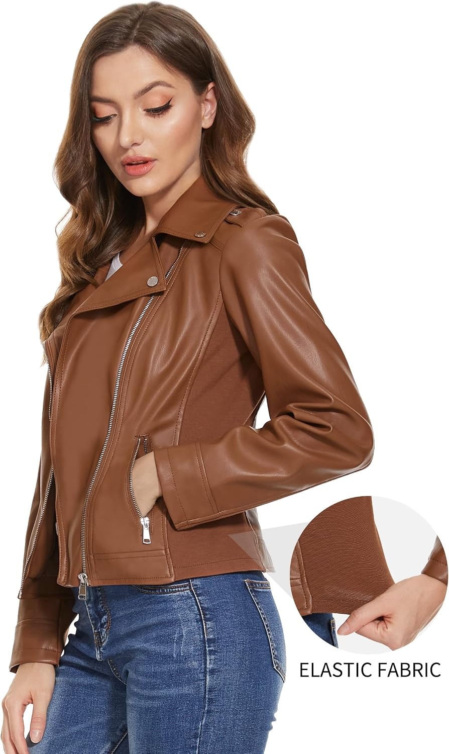 image:imageWomens Lapel Faux Leather Moto Jacket Multiple Colors SXXLBrown