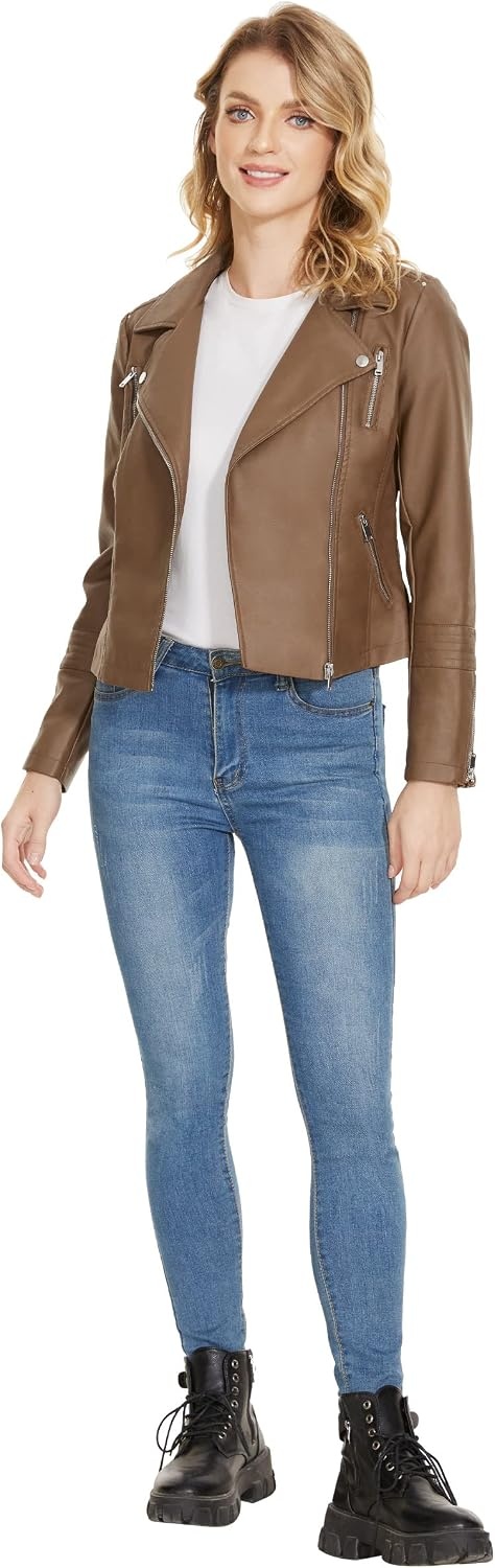 image:imageWomens Lapel Faux Leather Moto Jacket Multiple Colors SXXLCamel