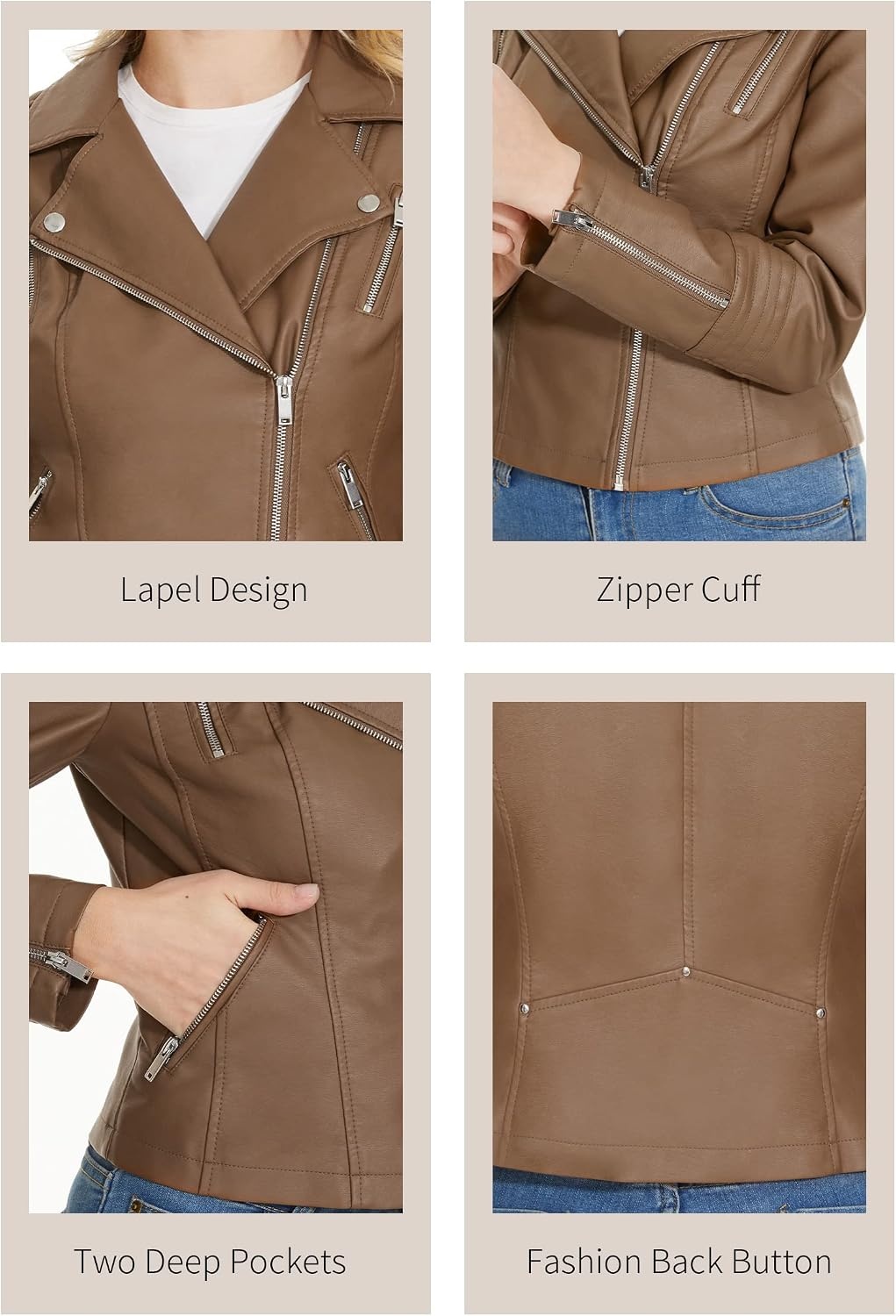 image:imageWomens Lapel Faux Leather Moto Jacket Multiple Colors SXXLCamel