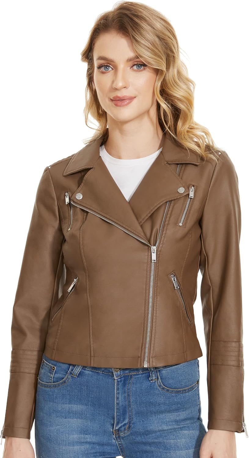 image:imageWomens Lapel Faux Leather Moto Jacket Multiple Colors SXXLCamel