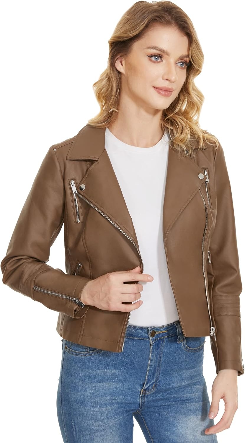 image:imageWomens Lapel Faux Leather Moto Jacket Multiple Colors SXXLCamel