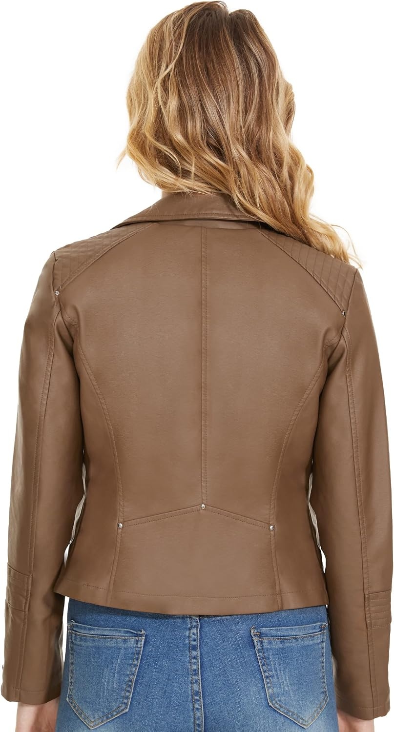 image:imageWomens Lapel Faux Leather Moto Jacket Multiple Colors SXXLCamel