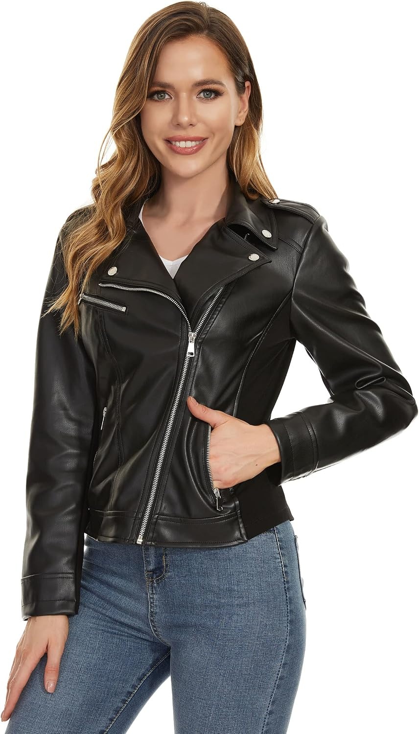 image:imageWomens Lapel Faux Leather Moto Jacket Multiple Colors SXXLJablack