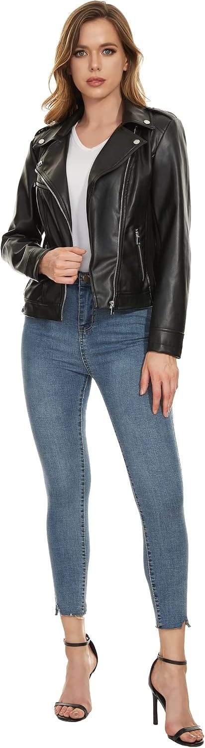 image:imageWomens Lapel Faux Leather Moto Jacket Multiple Colors SXXLJablack