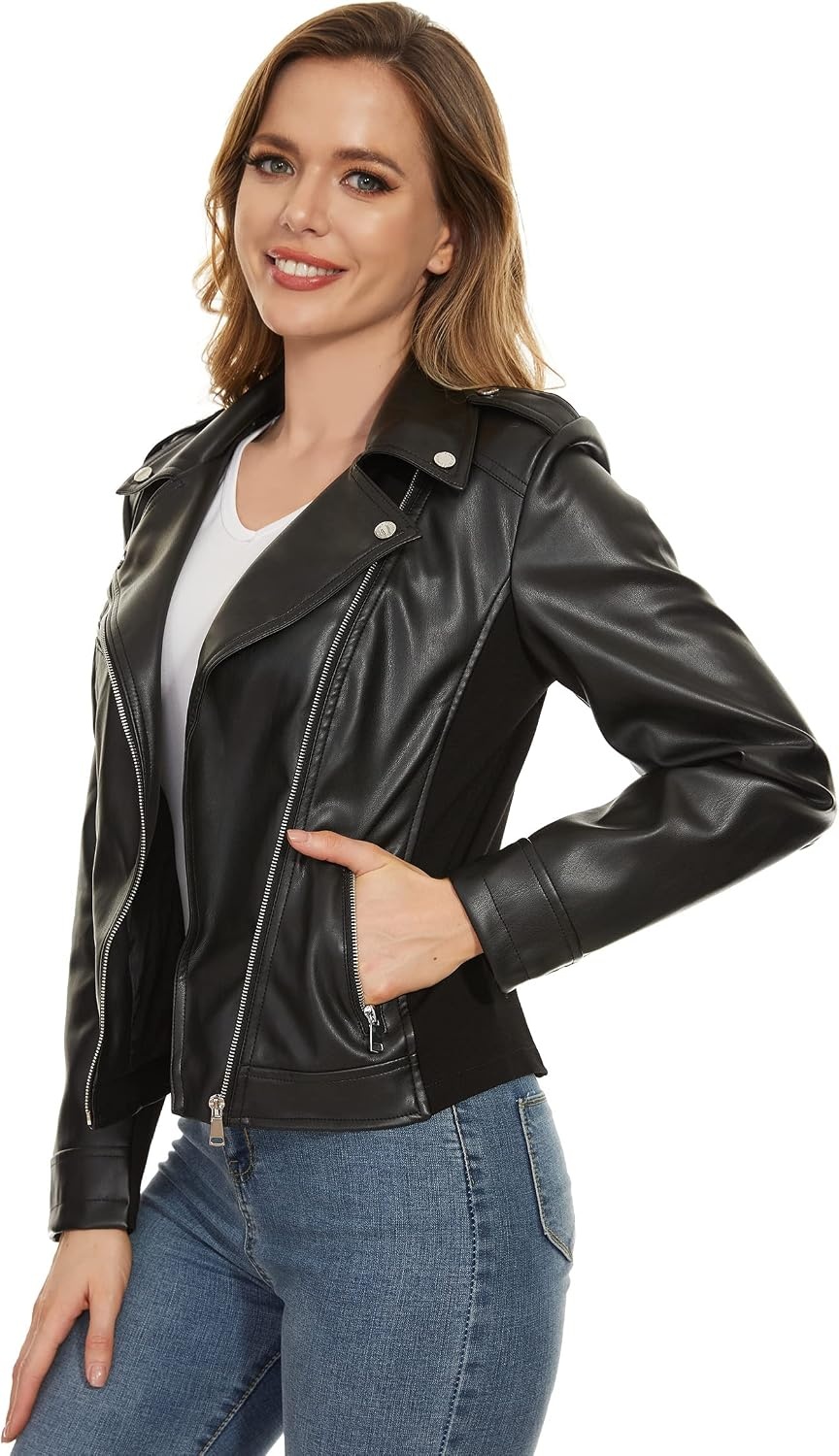 image:imageWomens Lapel Faux Leather Moto Jacket Multiple Colors SXXLJablack
