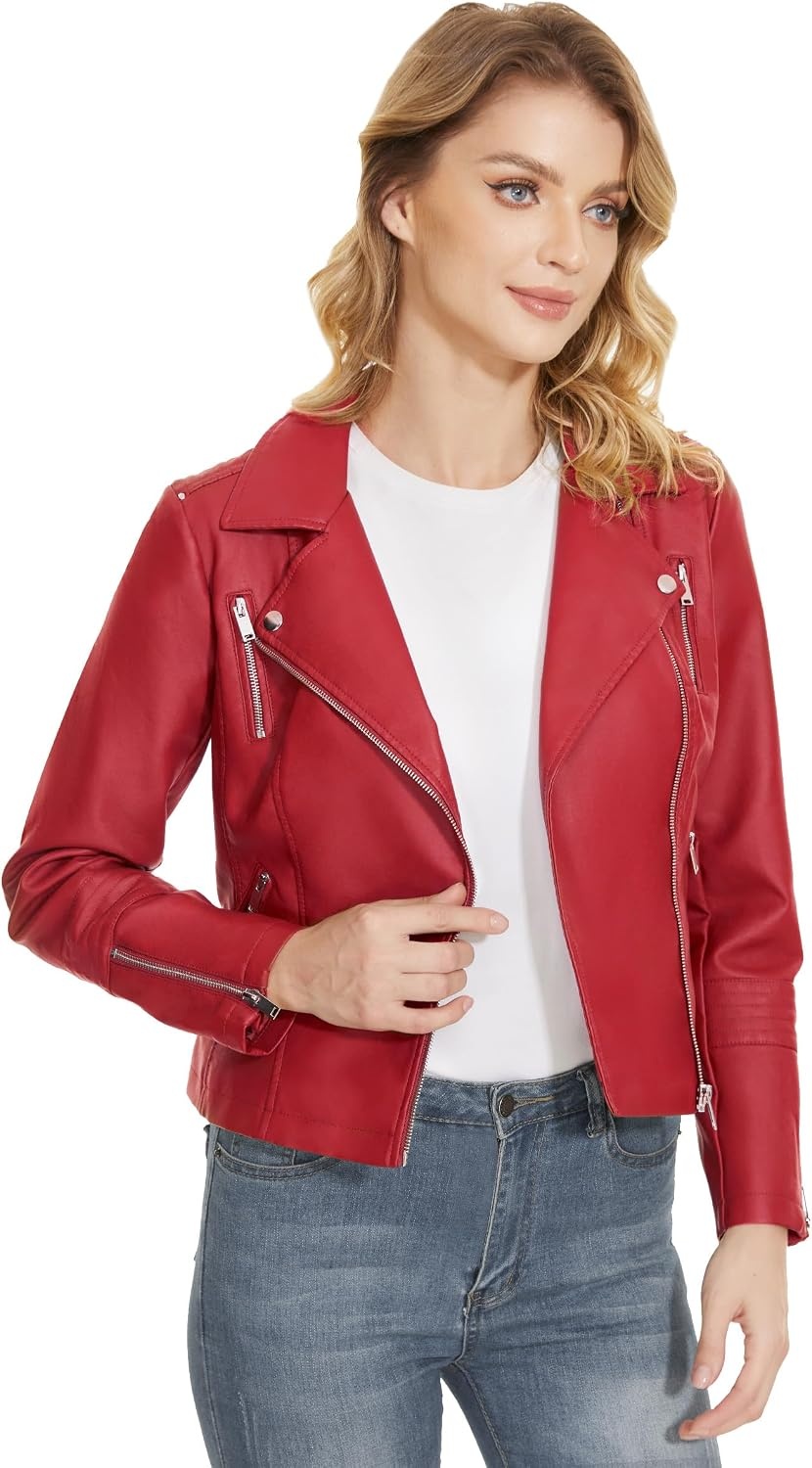 image:imageWomens Lapel Faux Leather Moto Jacket Multiple Colors SXXLRed
