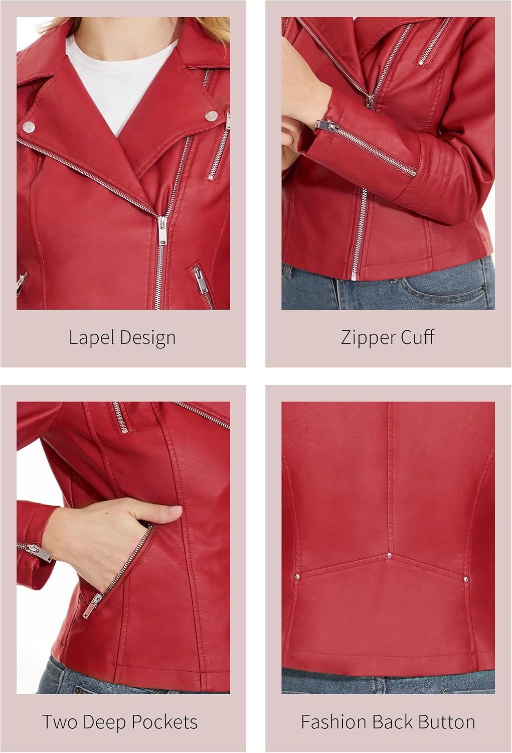 image:imageWomens Lapel Faux Leather Moto Jacket Multiple Colors SXXLRed