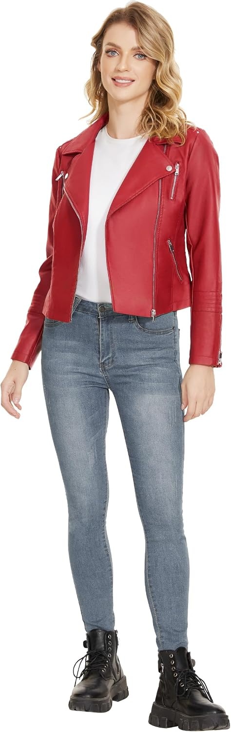 image:imageWomens Lapel Faux Leather Moto Jacket Multiple Colors SXXLRed
