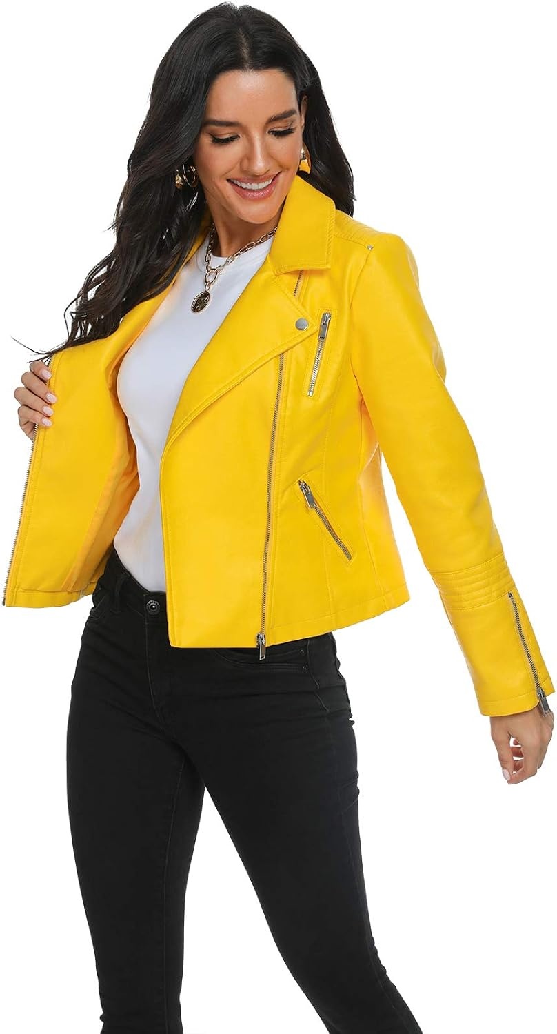 image:imageWomens Lapel Faux Leather Moto Jacket Multiple Colors SXXLYellow
