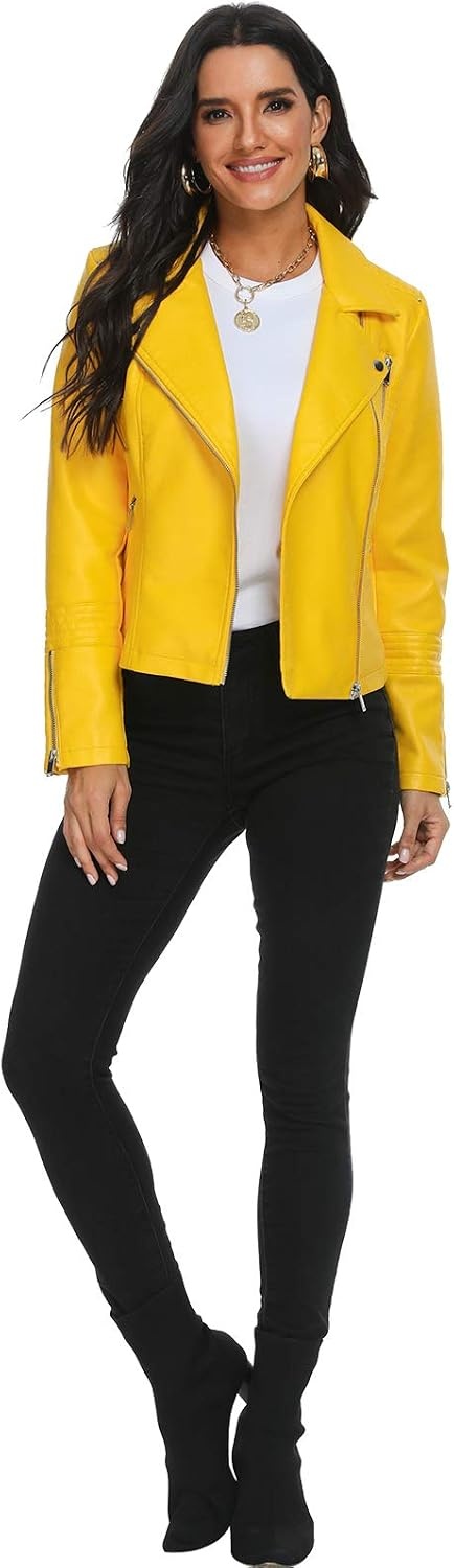 image:imageWomens Lapel Faux Leather Moto Jacket Multiple Colors SXXLYellow