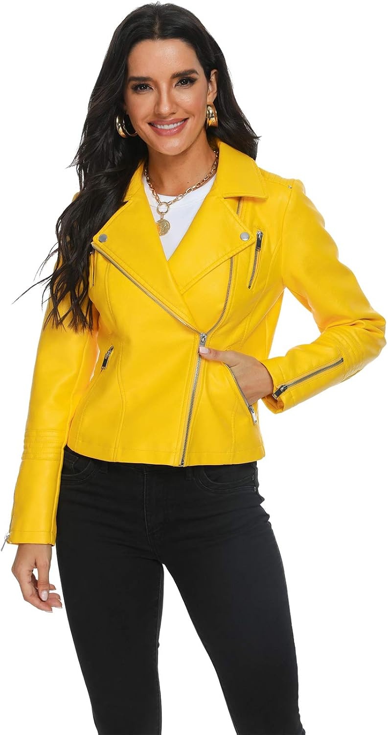 image:imageWomens Lapel Faux Leather Moto Jacket Multiple Colors SXXLYellow