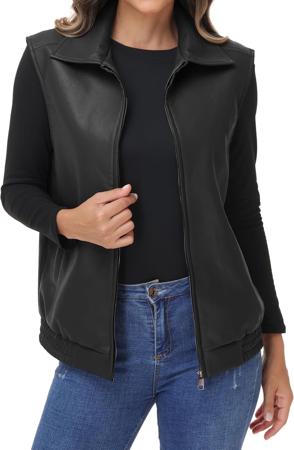image:imageWomens Oversized Leather Vest Sleeveless WaistcoatBlack