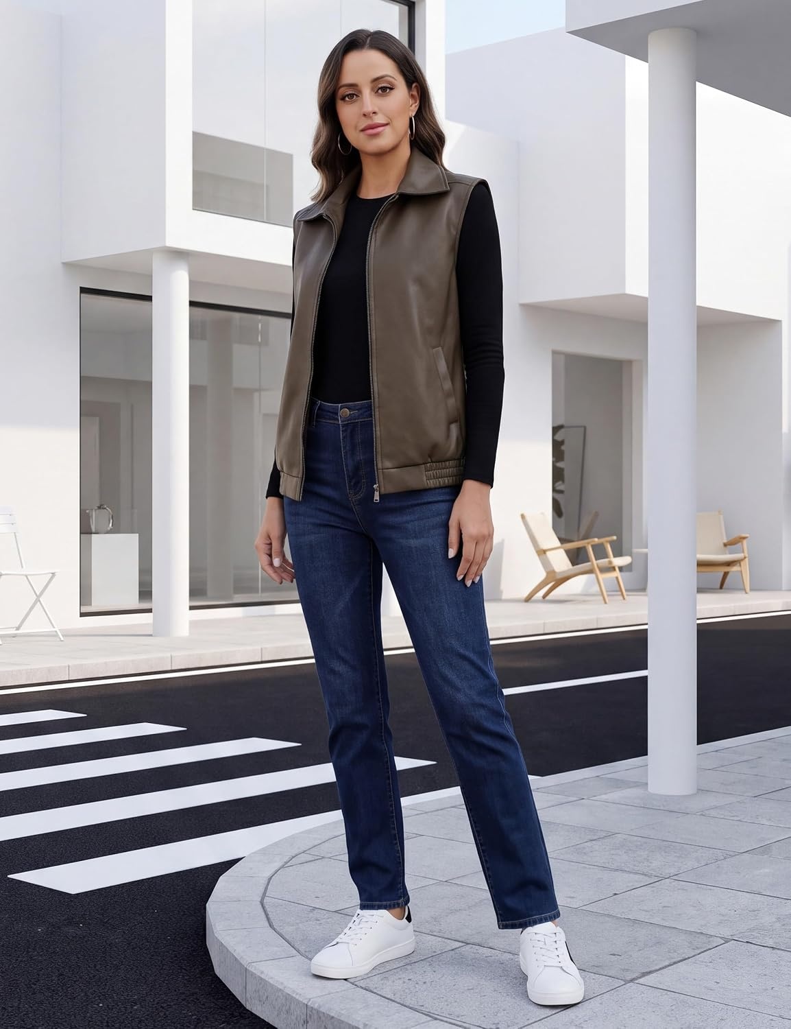 image:imageWomens Oversized Leather Vest Sleeveless WaistcoatBrown