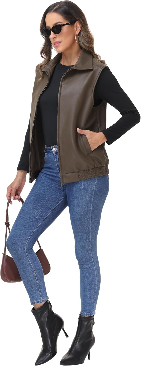 image:imageWomens Oversized Leather Vest Sleeveless WaistcoatBrown