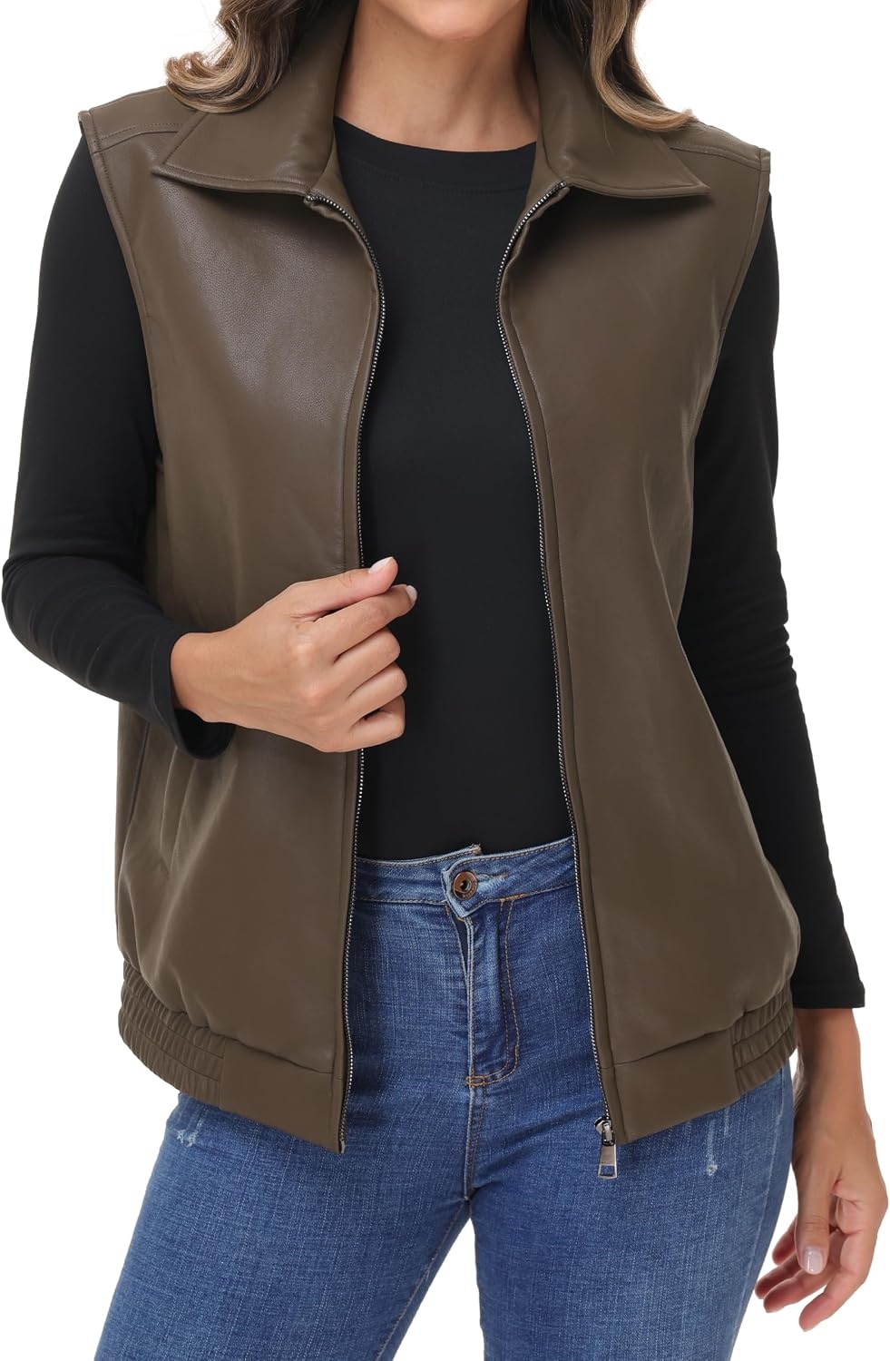 image:imageWomens Oversized Leather Vest Sleeveless WaistcoatBrown