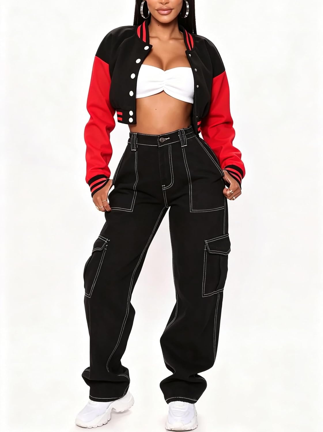 image:imageXaspee Womens Cropped Varsity Jacket Color Block Baseball JacketBlack Red
