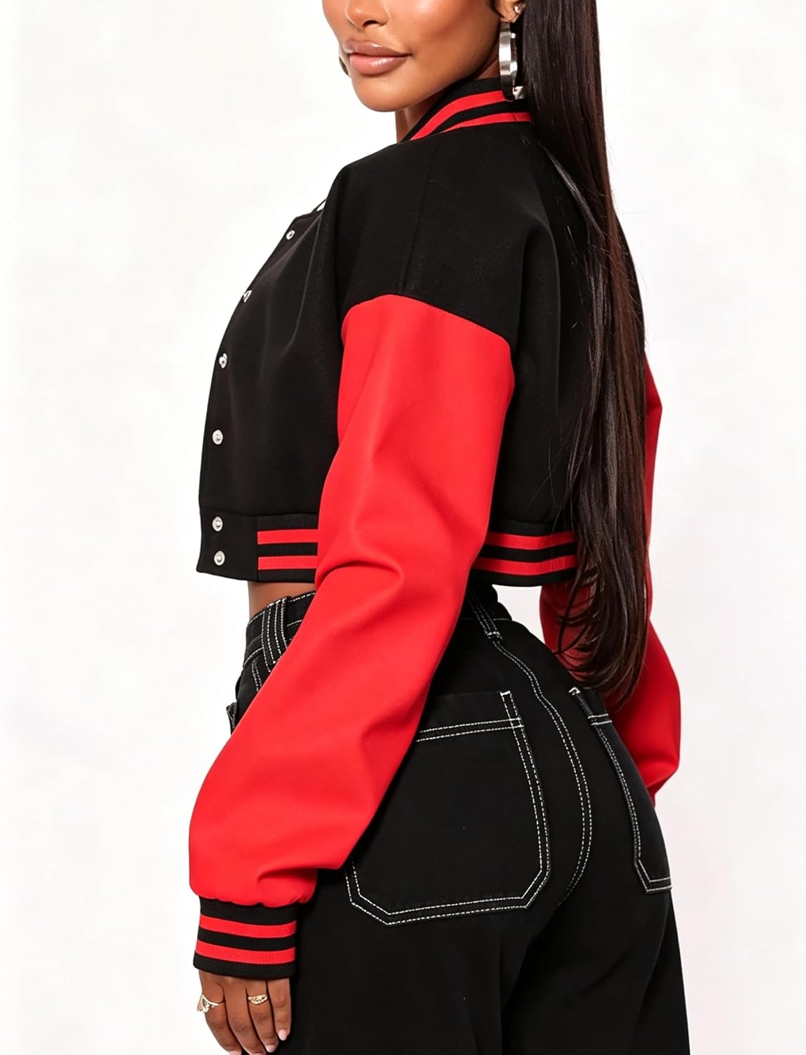 image:imageXaspee Womens Cropped Varsity Jacket Color Block Baseball JacketBlack Red