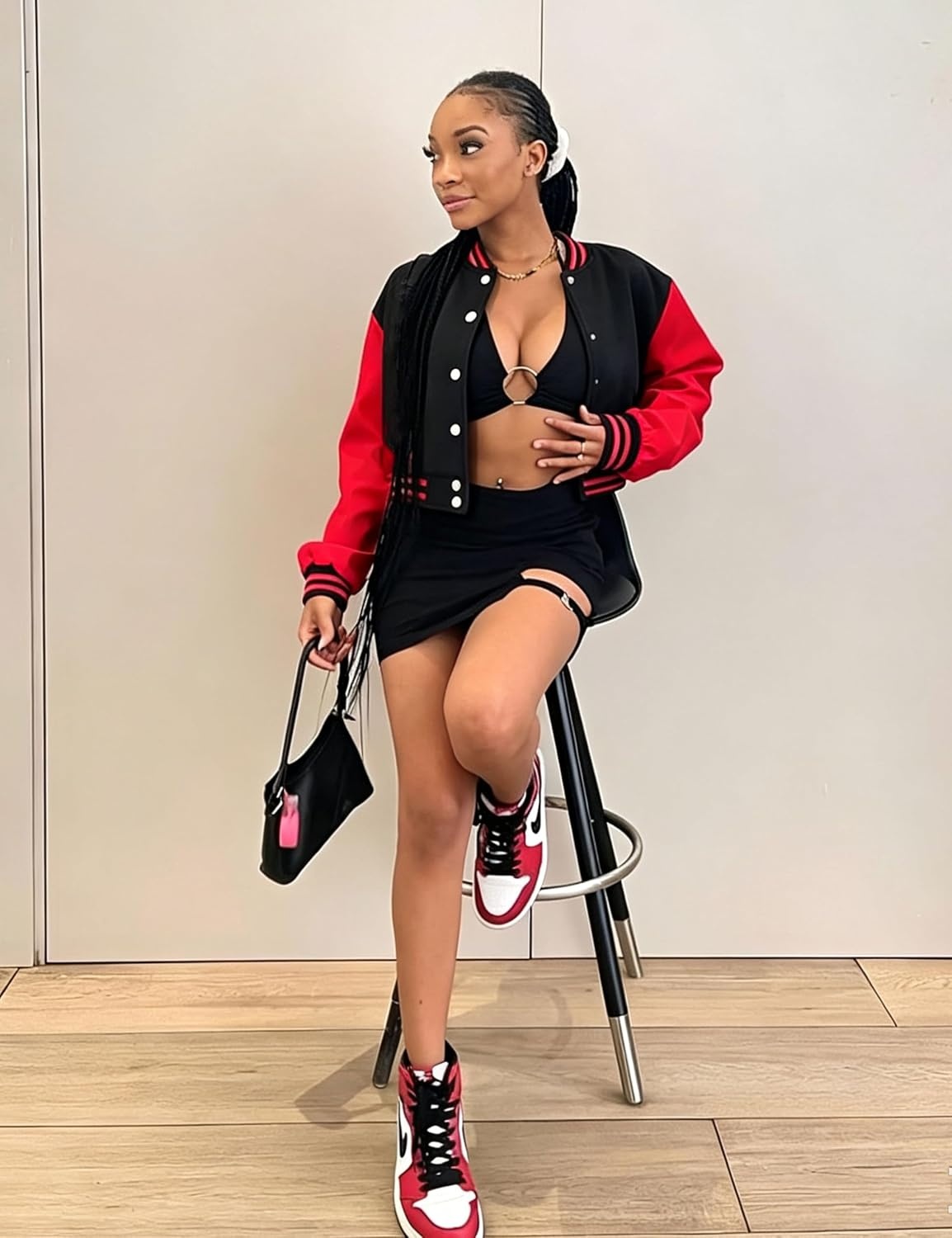 image:imageXaspee Womens Cropped Varsity Jacket Color Block Baseball JacketBlack Red
