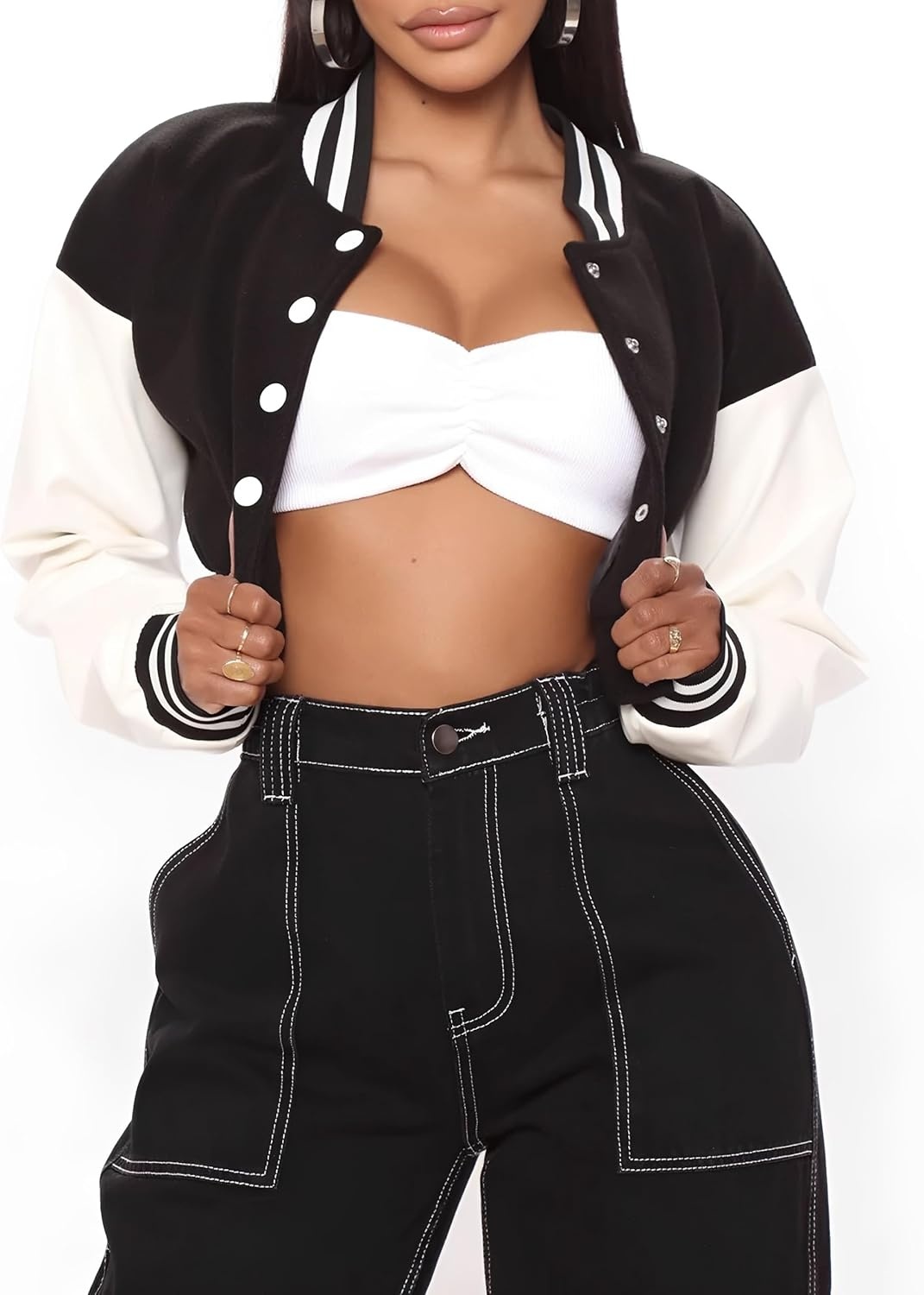 image:imageXaspee Womens Cropped Varsity Jacket Color Block Baseball JacketBlack White