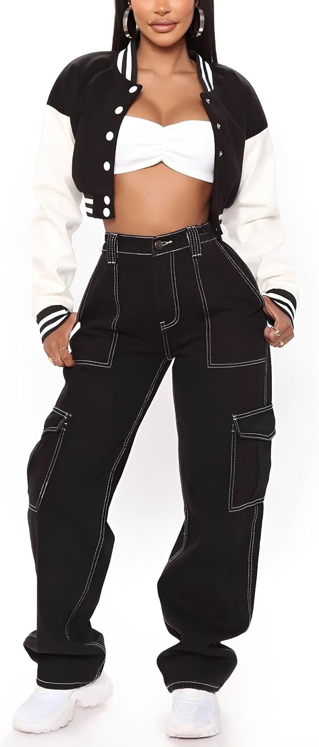 image:imageXaspee Womens Cropped Varsity Jacket Color Block Baseball JacketBlack White