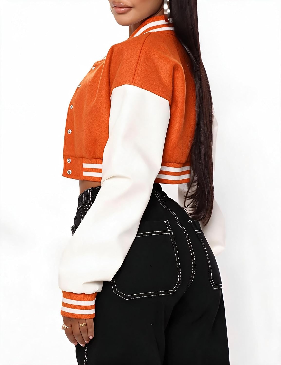 image:imageXaspee Womens Cropped Varsity Jacket Color Block Baseball JacketOrange
