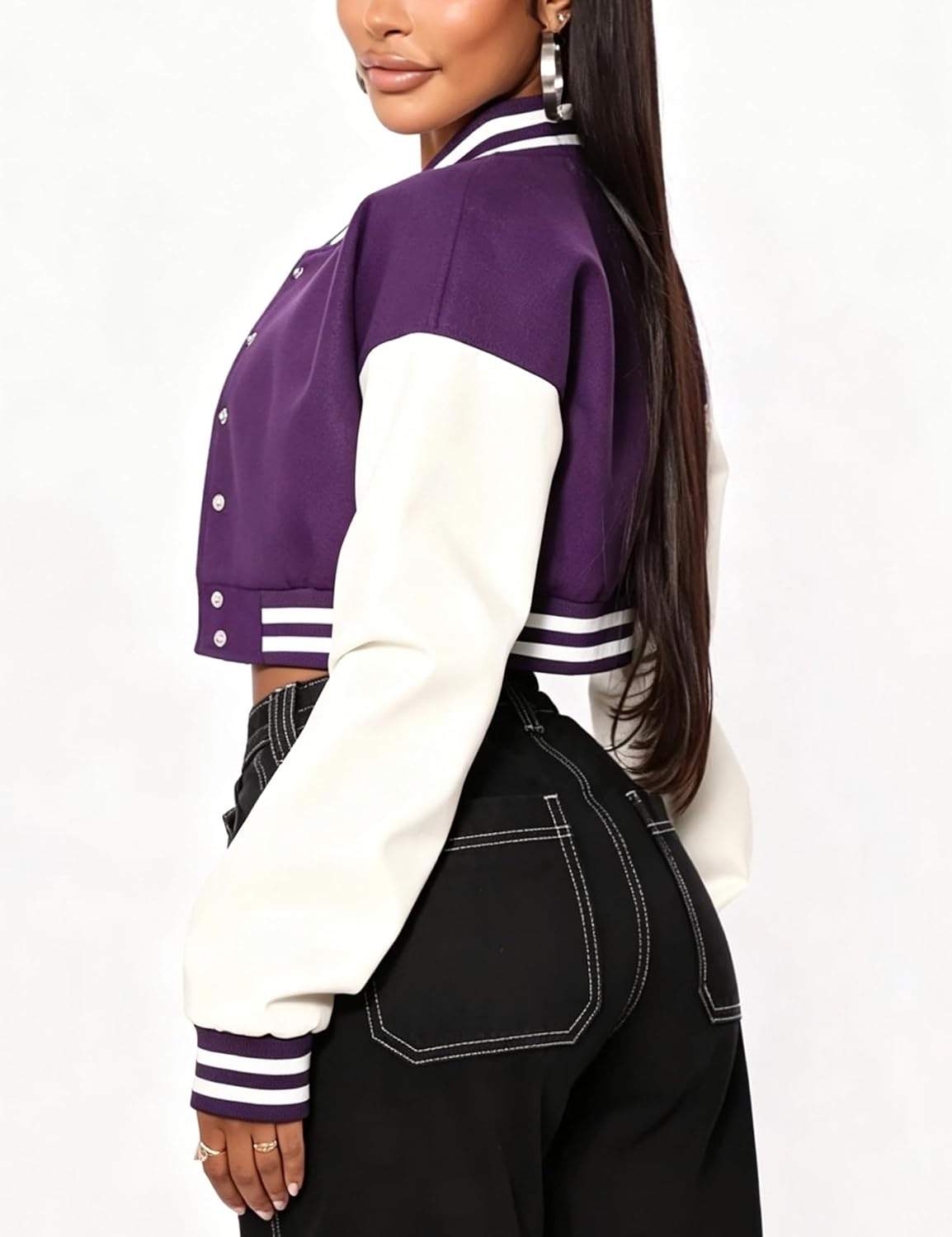 image:imageXaspee Womens Cropped Varsity Jacket Color Block Baseball JacketPurple
