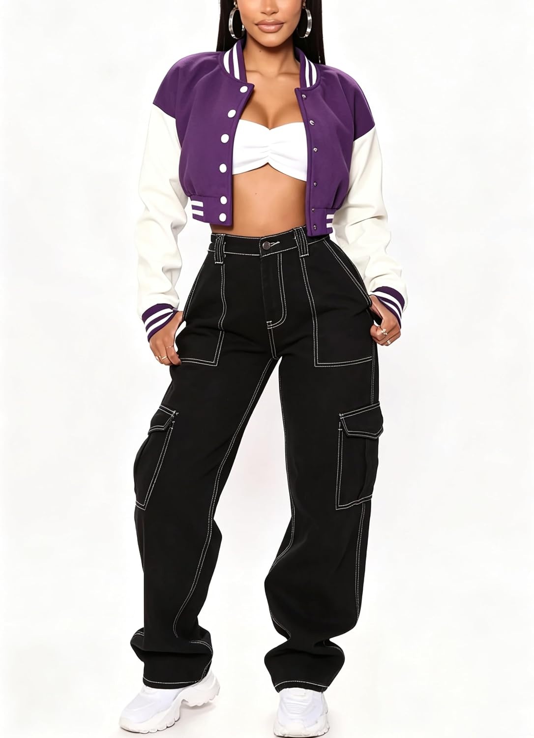 image:imageXaspee Womens Cropped Varsity Jacket Color Block Baseball JacketPurple