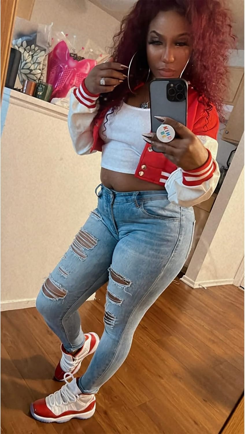 image:imageXaspee Womens Cropped Varsity Jacket Color Block Baseball JacketRed