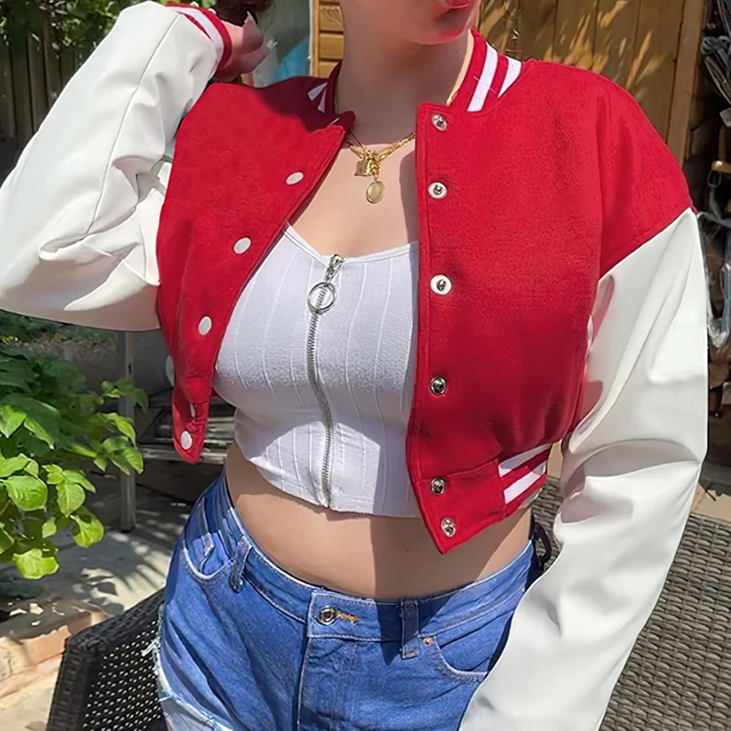 image:imageXaspee Womens Cropped Varsity Jacket Color Block Baseball JacketRed