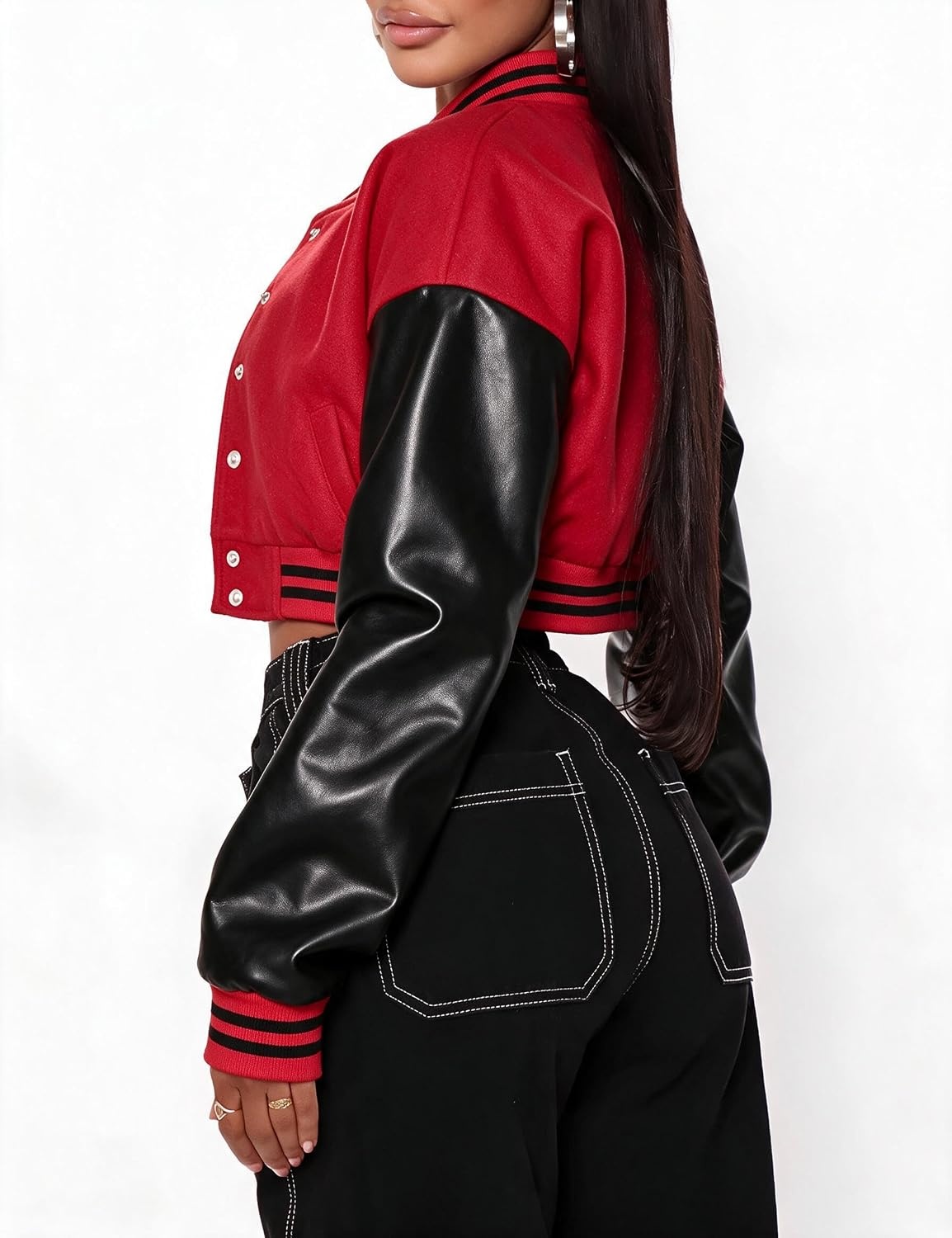 image:imageXaspee Womens Cropped Varsity Jacket Color Block Baseball JacketRed Black