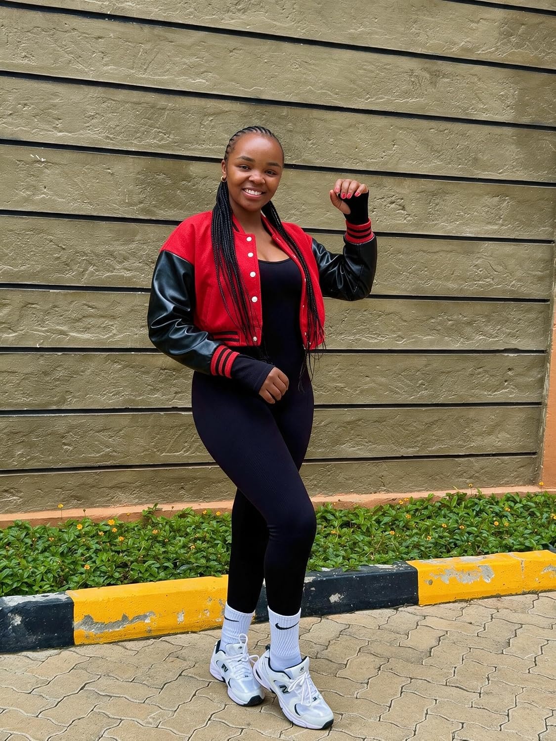image:imageXaspee Womens Cropped Varsity Jacket Color Block Baseball JacketRed Black