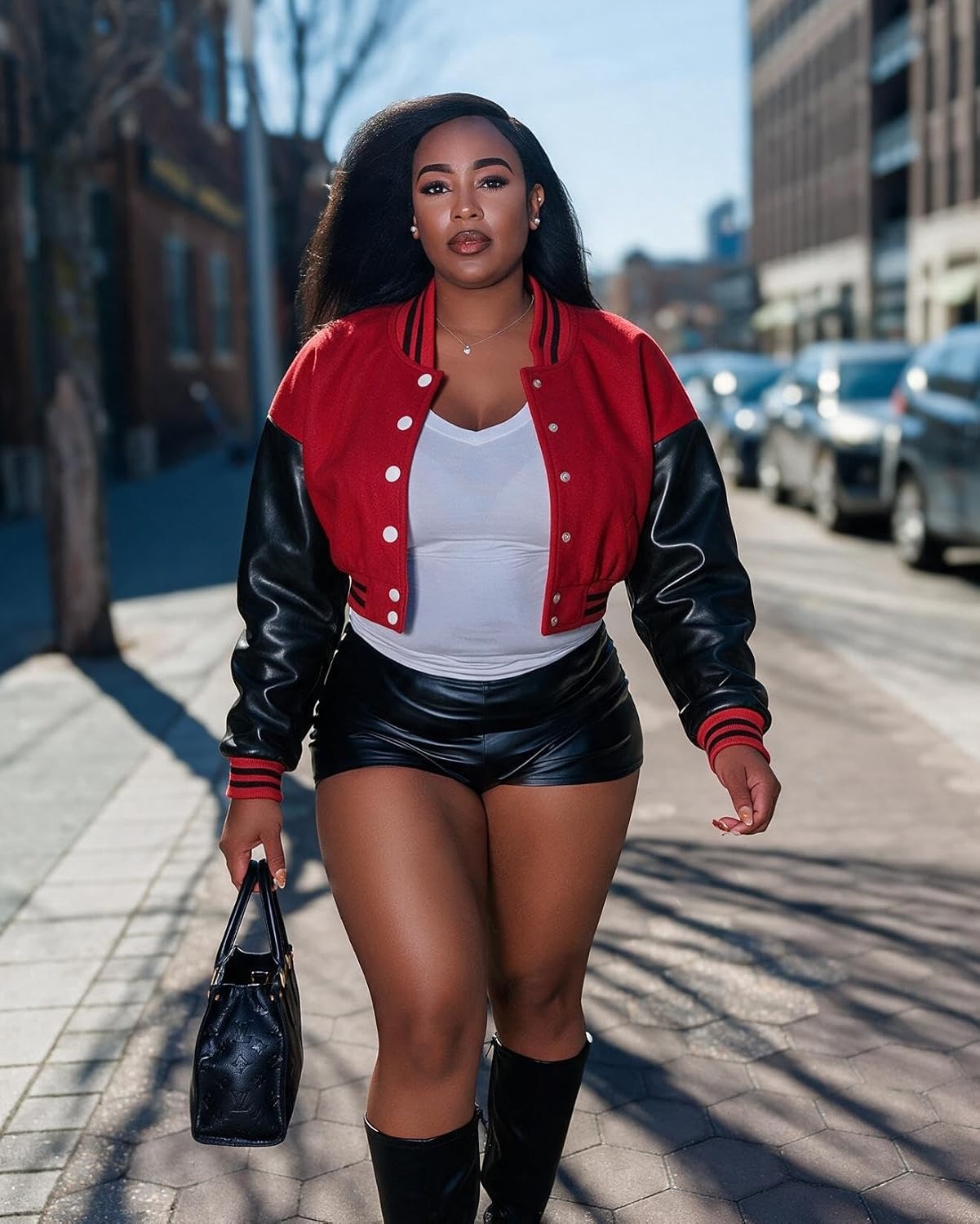 image:imageXaspee Womens Cropped Varsity Jacket Color Block Baseball JacketRed Black