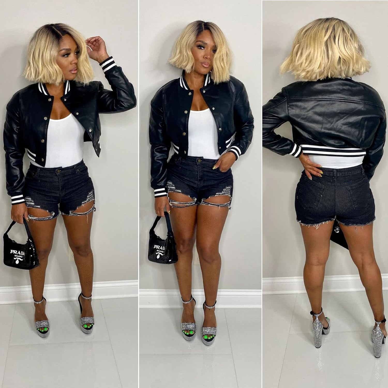 image:imageXaspee Womens Faux Leather Varsity Jacket Cropped Baseball Bomber JacketBlack