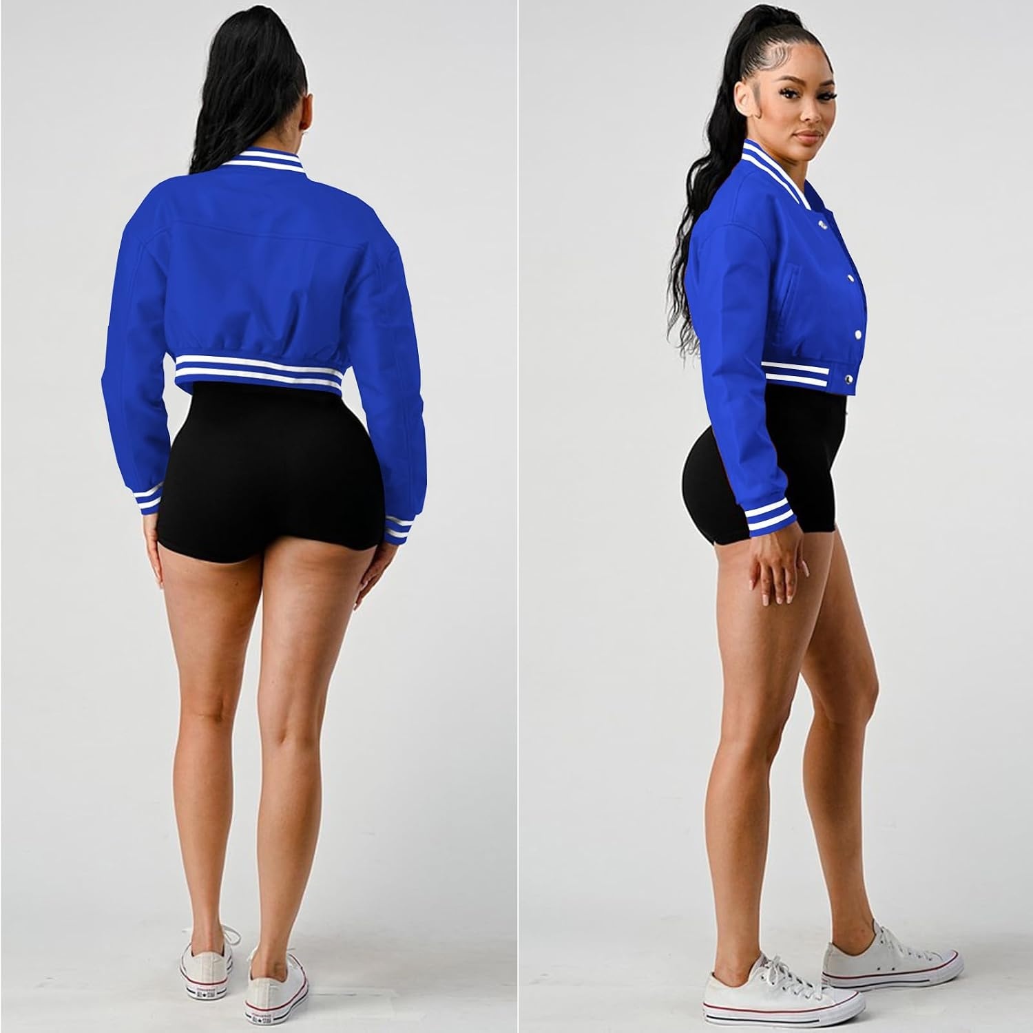 image:imageXaspee Womens Faux Leather Varsity Jacket Cropped Baseball Bomber JacketBlue