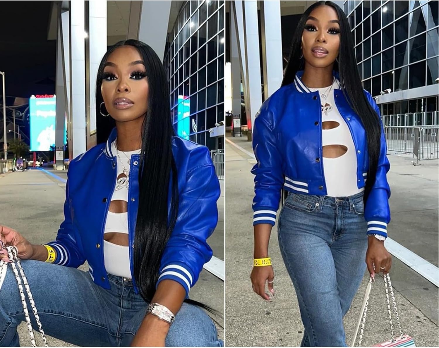 image:imageXaspee Womens Faux Leather Varsity Jacket Cropped Baseball Bomber JacketBlue