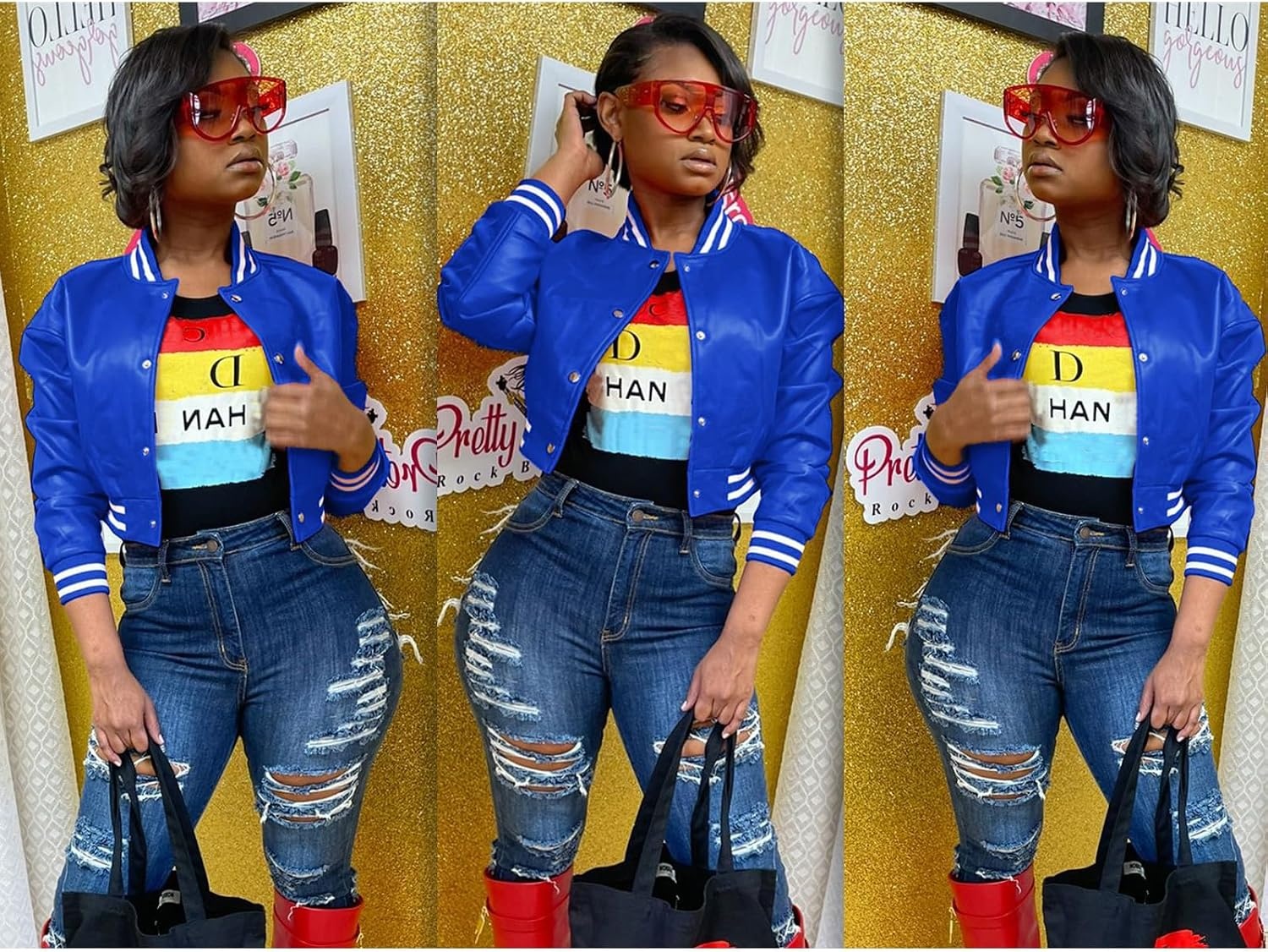 image:imageXaspee Womens Faux Leather Varsity Jacket Cropped Baseball Bomber JacketBlue