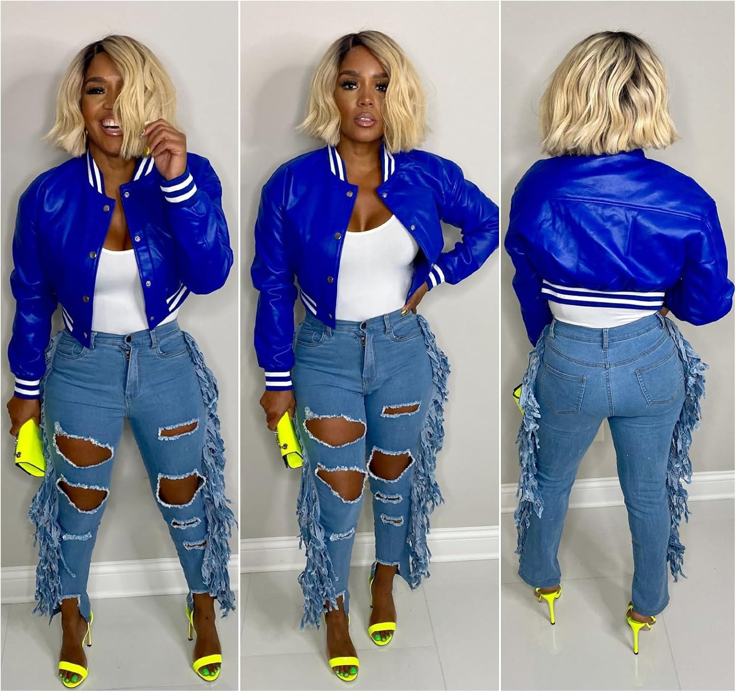 image:imageXaspee Womens Faux Leather Varsity Jacket Cropped Baseball Bomber JacketBlue