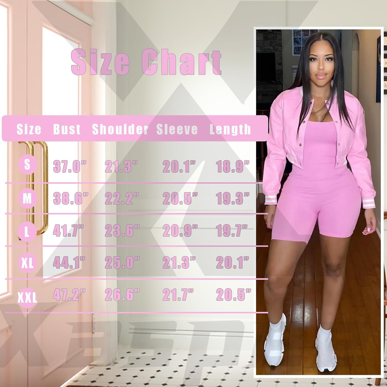 image:imageXaspee Womens Faux Leather Varsity Jacket Cropped Baseball Bomber JacketPink