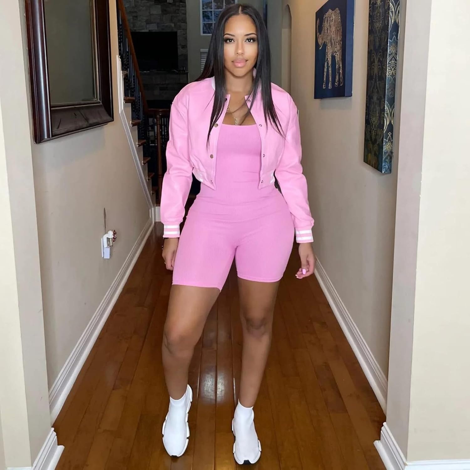 image:imageXaspee Womens Faux Leather Varsity Jacket Cropped Baseball Bomber JacketPink