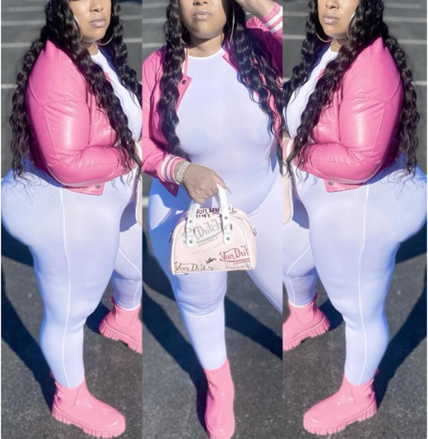 image:imageXaspee Womens Faux Leather Varsity Jacket Cropped Baseball Bomber JacketPink