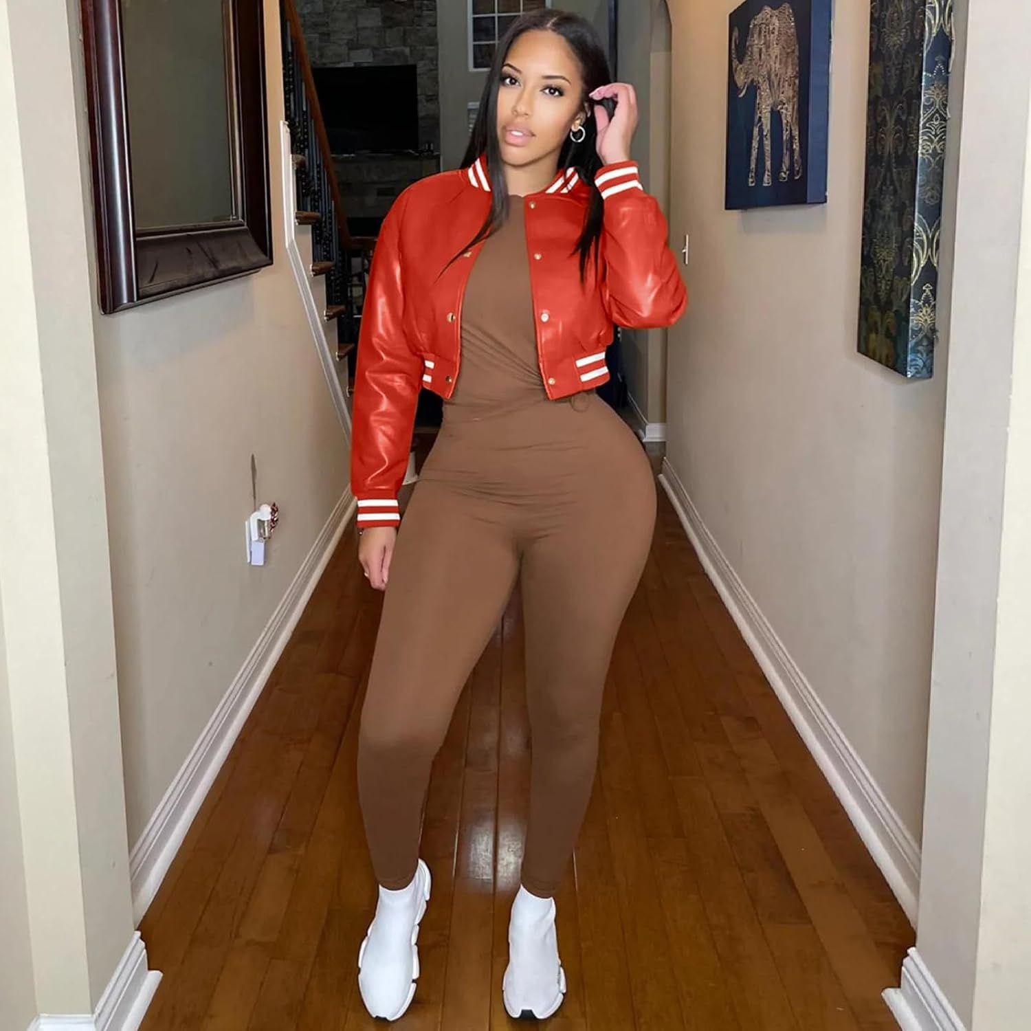 image:imageXaspee Womens Faux Leather Varsity Jacket Cropped Baseball Bomber JacketRed
