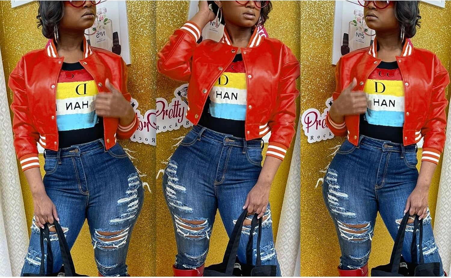 image:imageXaspee Womens Faux Leather Varsity Jacket Cropped Baseball Bomber JacketRed