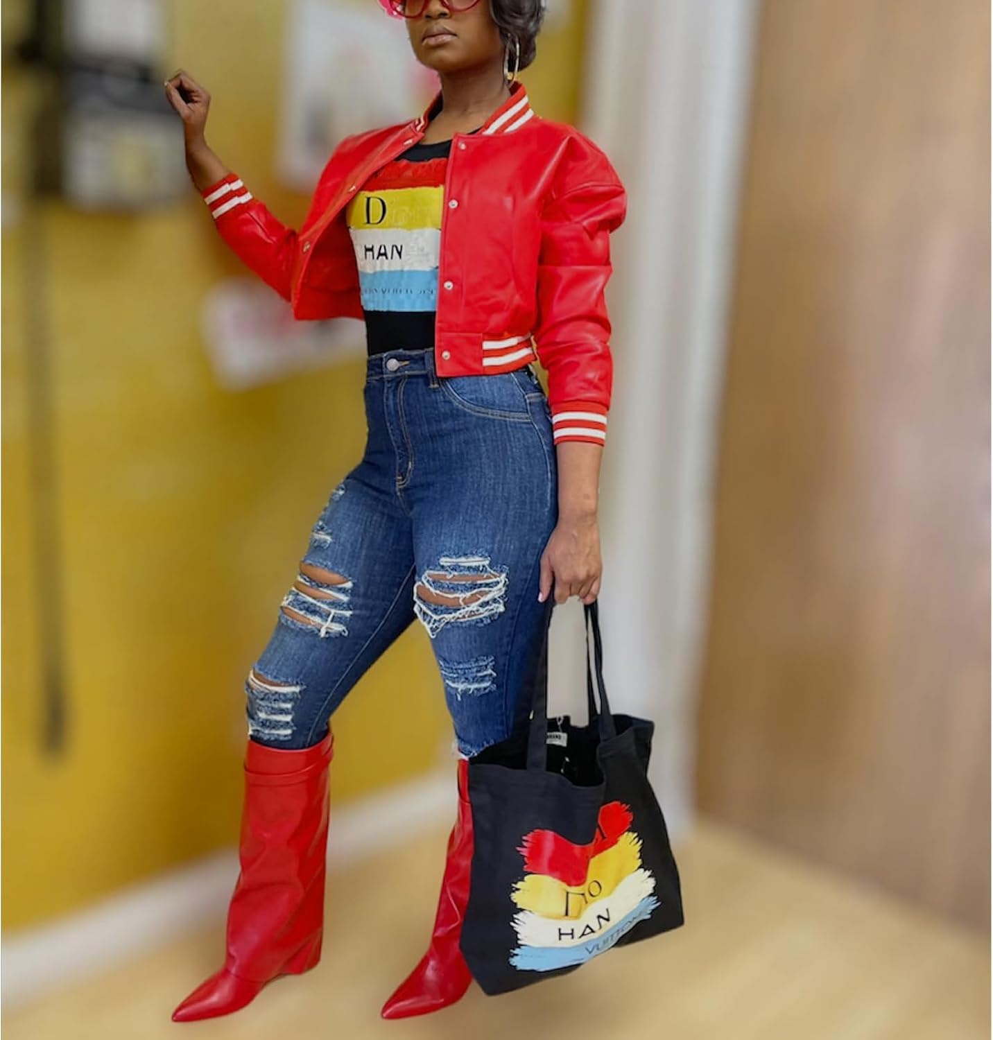 image:imageXaspee Womens Faux Leather Varsity Jacket Cropped Baseball Bomber JacketRed