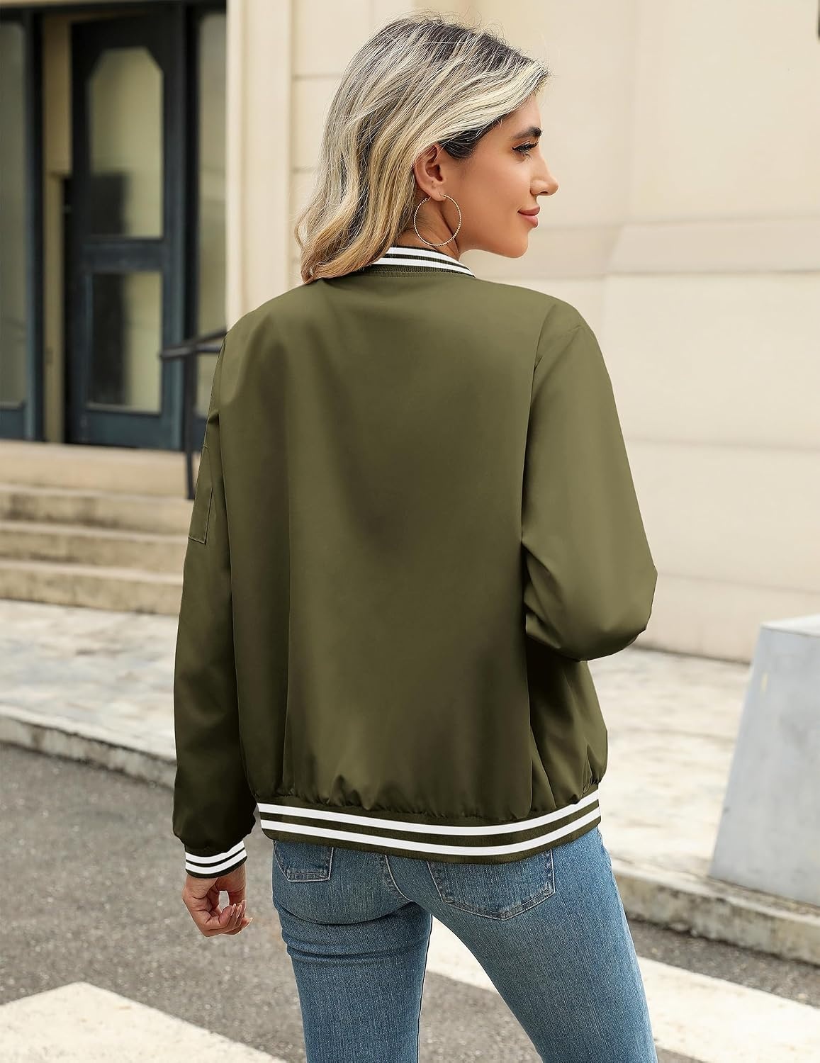 image:imageZeagoo Women Bomber Jacket Casual Coats Spring Fall Clothes with PocketsArmy Green Stripes