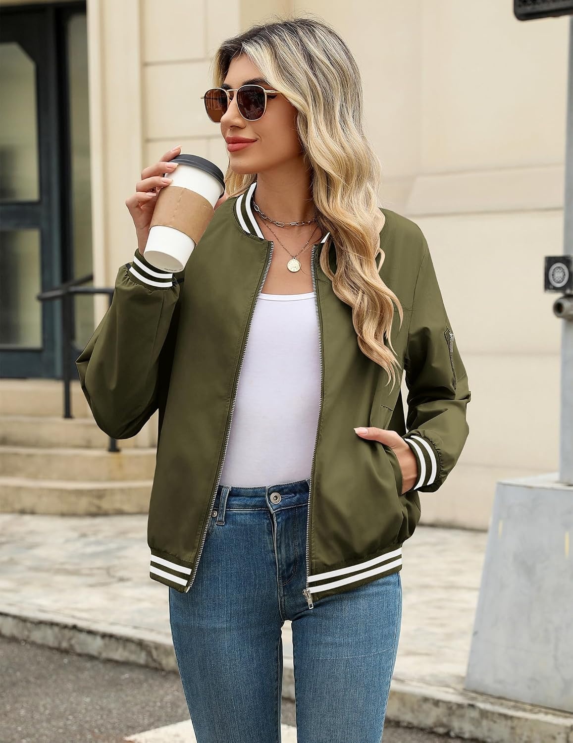 image:imageZeagoo Women Bomber Jacket Casual Coats Spring Fall Clothes with PocketsArmy Green Stripes
