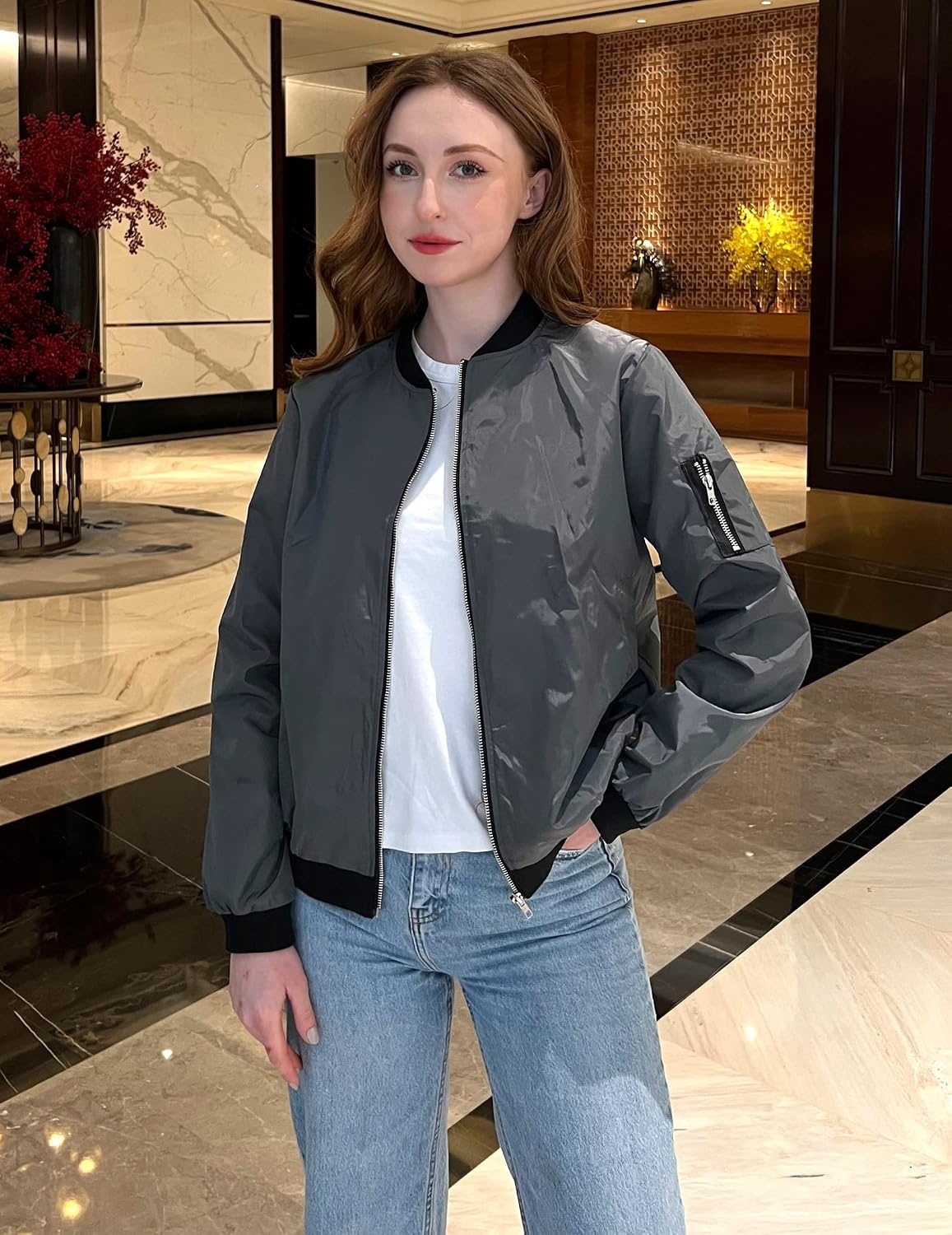 image:imageZeagoo Women Bomber Jacket Casual Coats Spring Fall Clothes with PocketsGrey