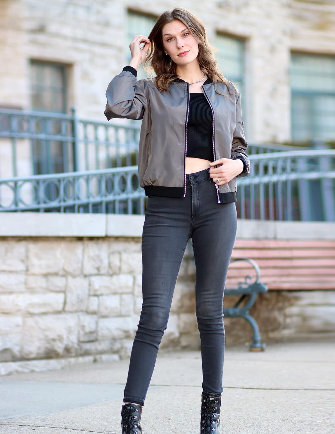image:imageZeagoo Women Bomber Jacket Casual Coats Spring Fall Clothes with PocketsGrey