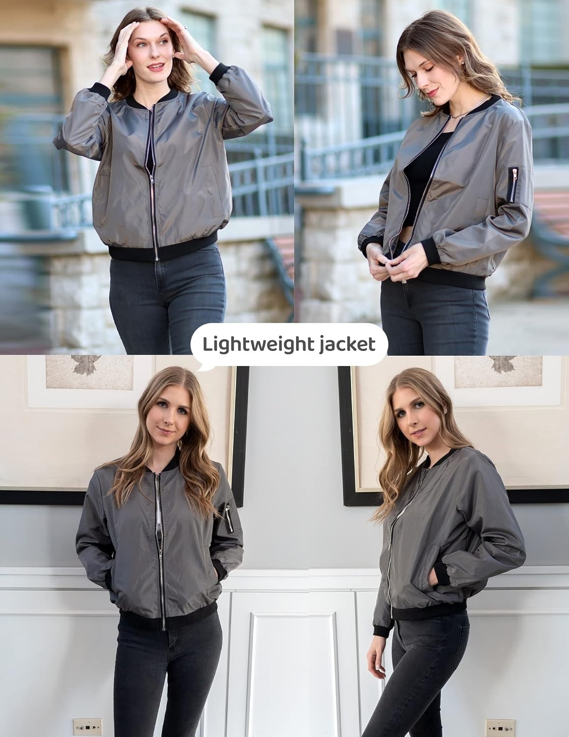 image:imageZeagoo Women Bomber Jacket Casual Coats Spring Fall Clothes with PocketsGrey