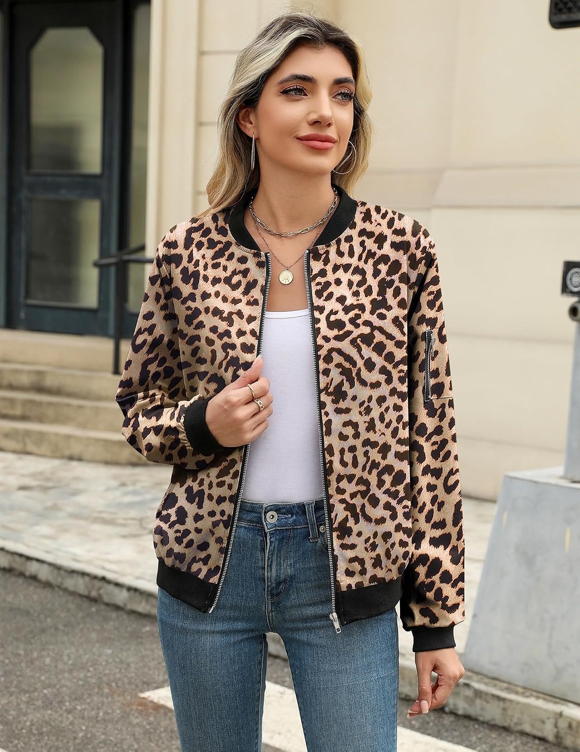 image:imageZeagoo Women Bomber Jacket Casual Coats Spring Fall Clothes with PocketsLeopard